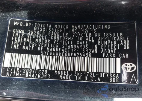 2017 Toyota Corolla Se из США, поврежденный, VIN 5YFBURHE0HP625498